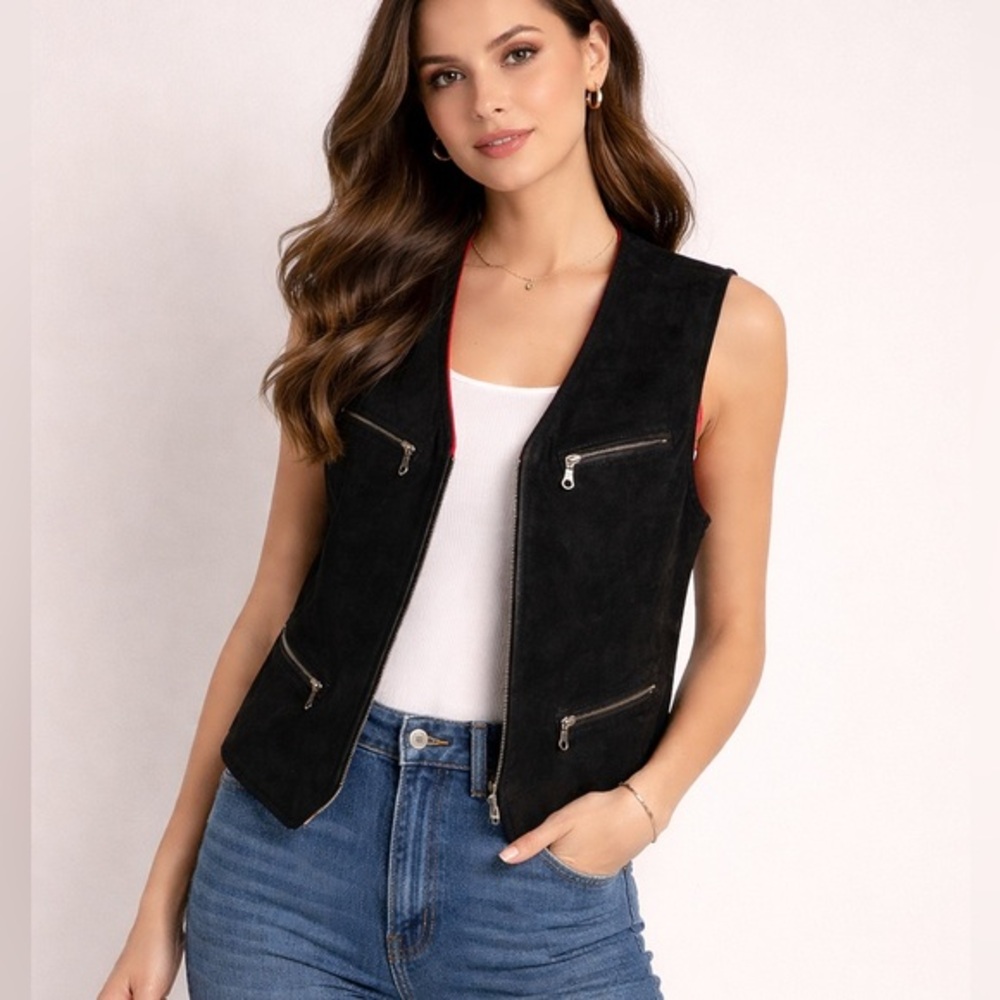 Vtg Ann Taylor Vest Full Zip Leather Size M Black Suede Fleece Lined